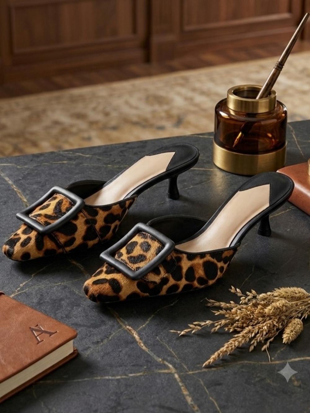 Antonio Melani Kendra Leopard Print Haircalf Buckle Ornament Dress Mules Size 6 - Picture 1 of 8